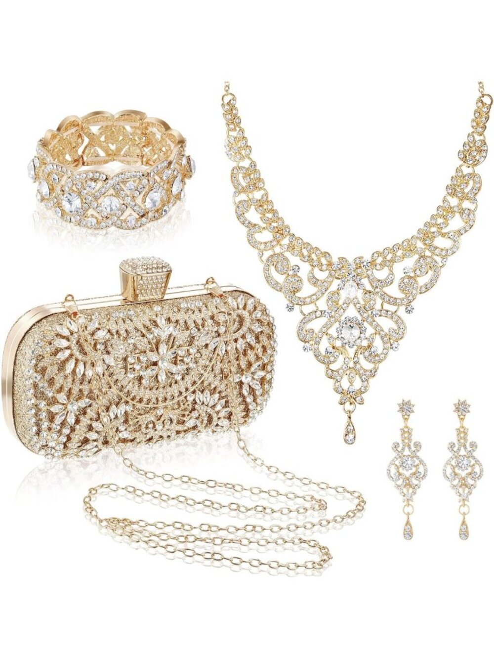 Glamorous 4-Piece Rhinestone Jewelry Set with Elegant Clutch Bag - Perfect for
